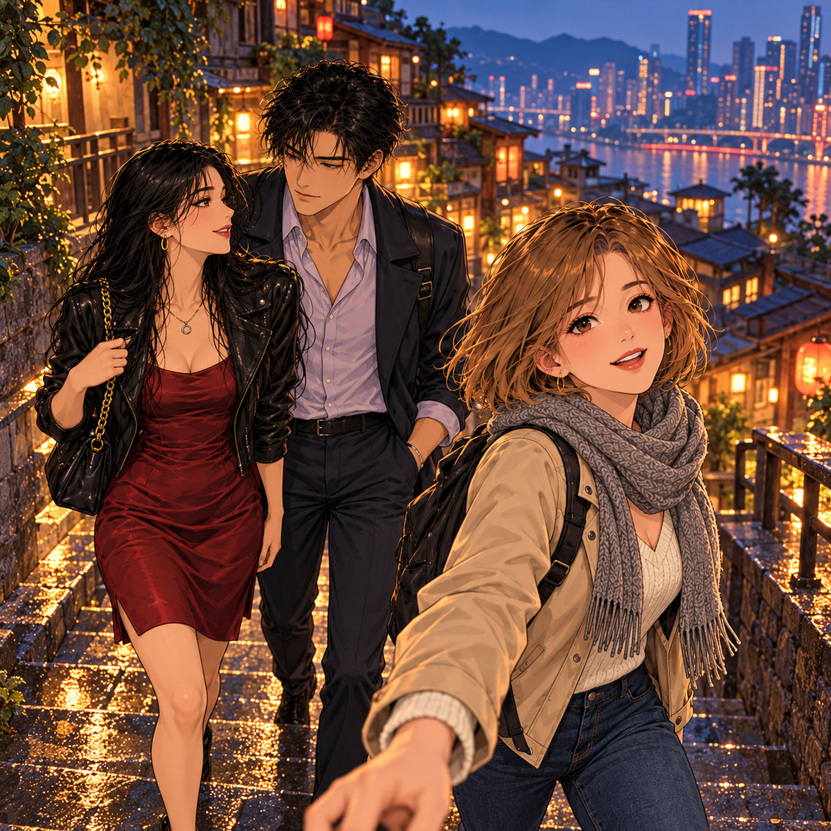 Anna, Lin i Kai na nocnym nabrzeżu w Chongqing